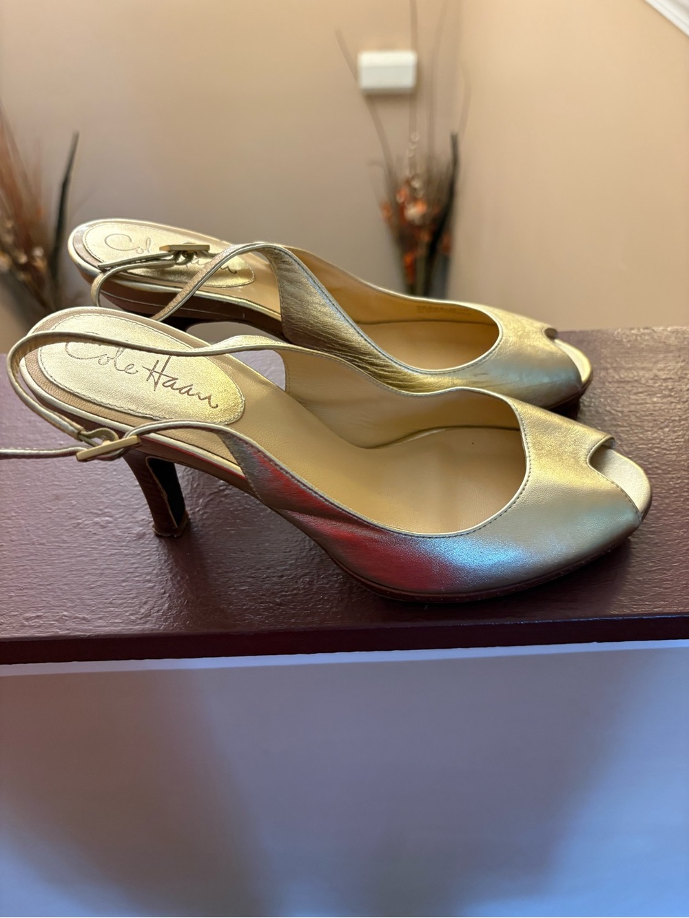 Cole Haan Metallic Gold Peep-Toe Slingback Heels. SIGNS OF WEAR ON BOTTOM.